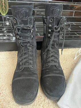 CHANEL Black Suede Lace-Up combat  Boots